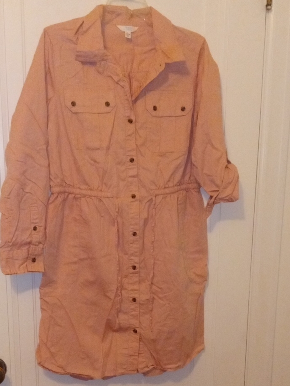 Women's large light pink Button-Front Utility Shirt Dress roll sleeves